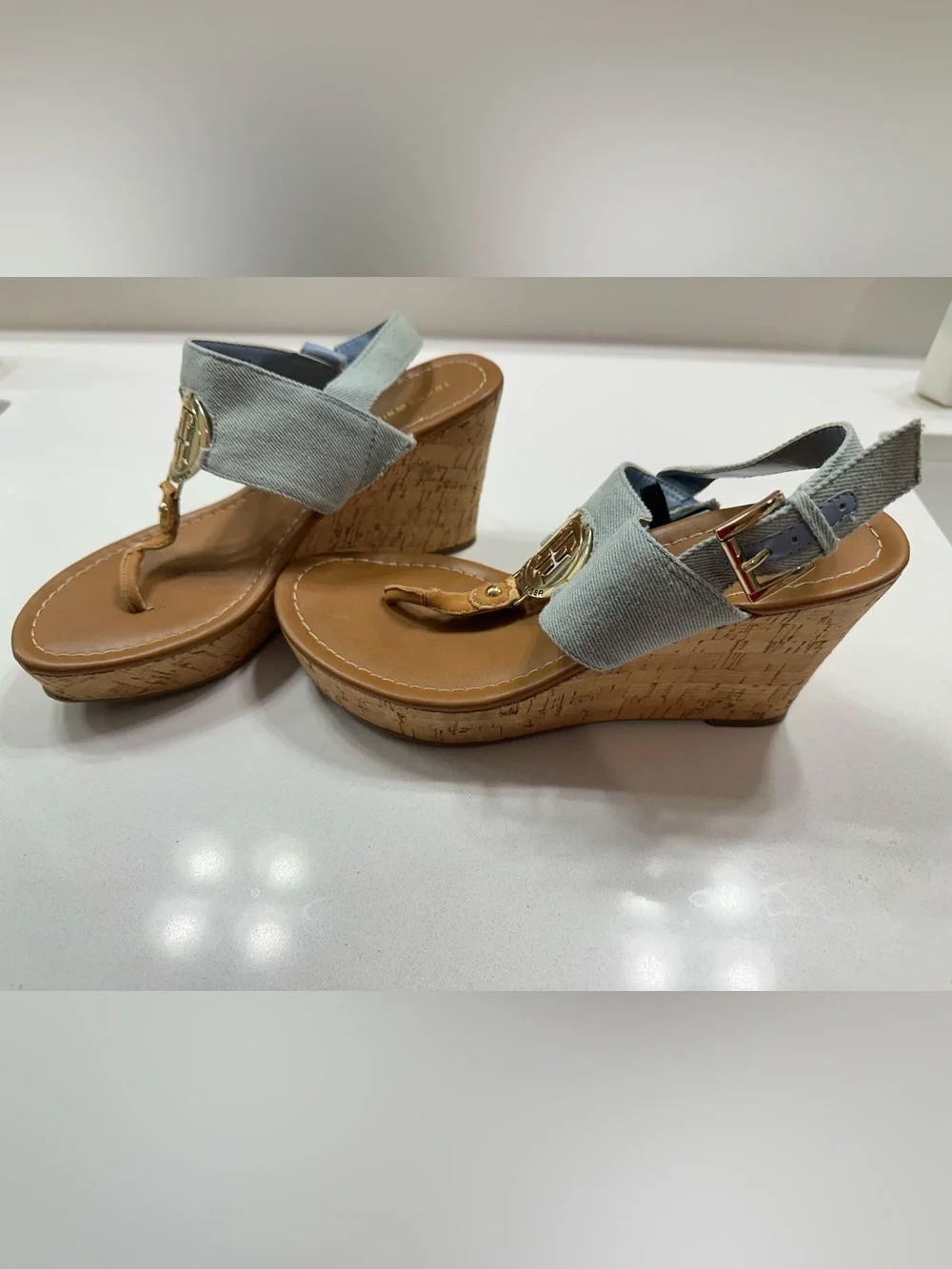 Marc Fisher Light Blue Fabric Cork Wedge Sandals